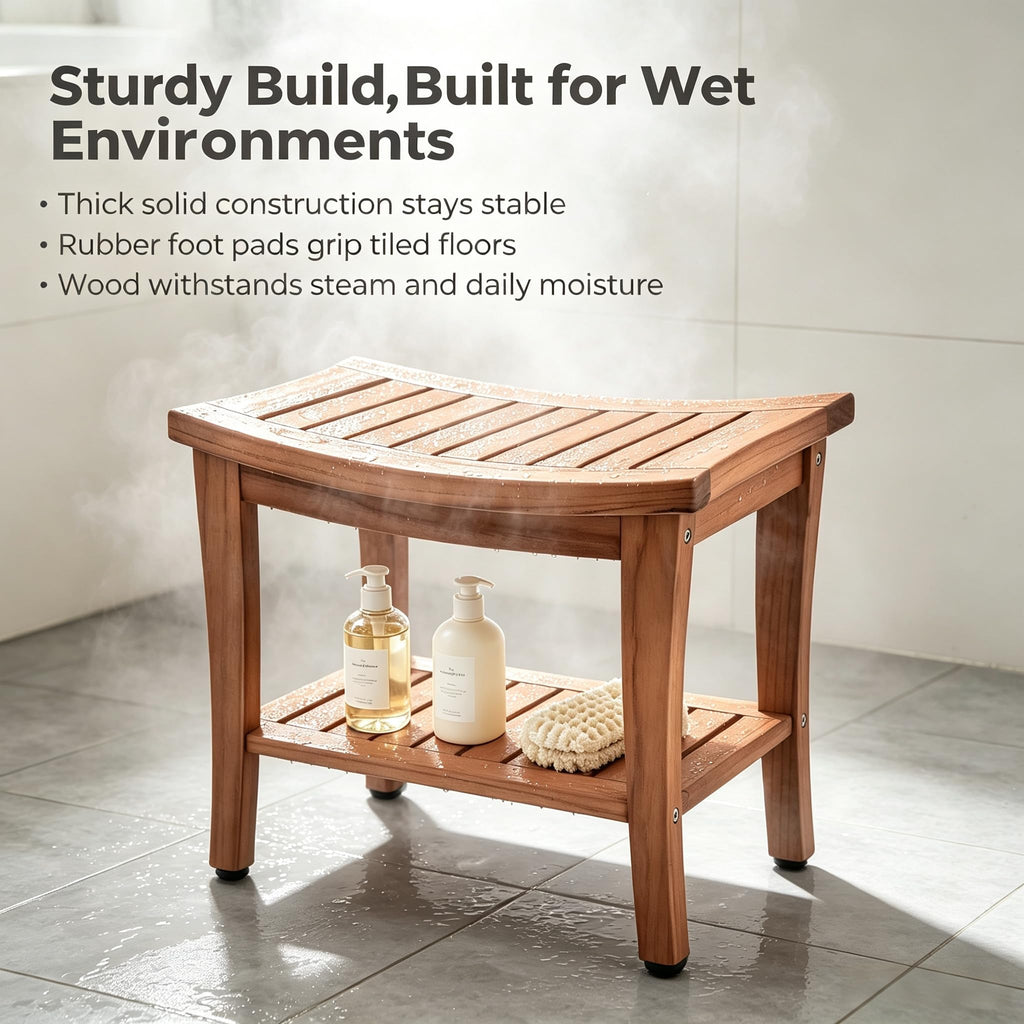 Teak Shower Bench Stool with Shelf P19114