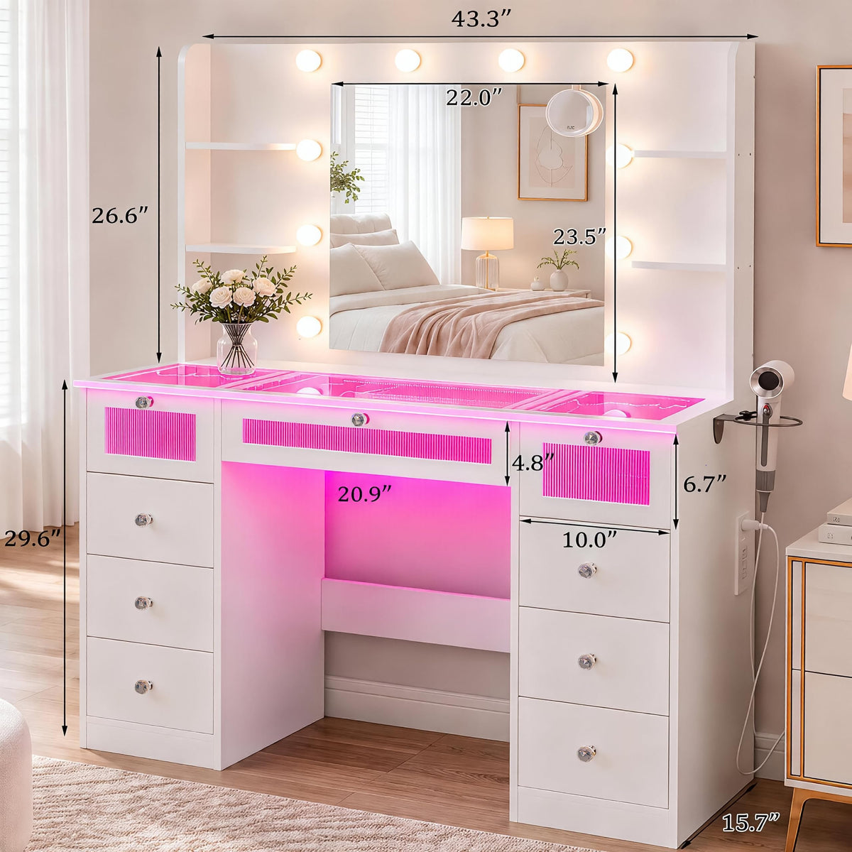 White Vanity with Lighted Mirror and Glass Top H3442