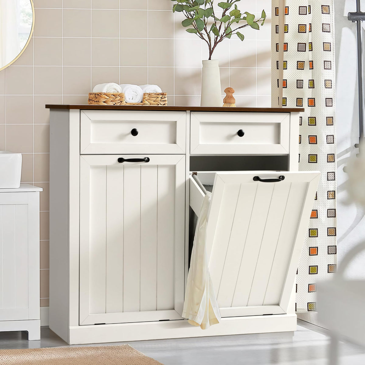 Double Laundry Hamper Cabinet with 2 Drawer A819