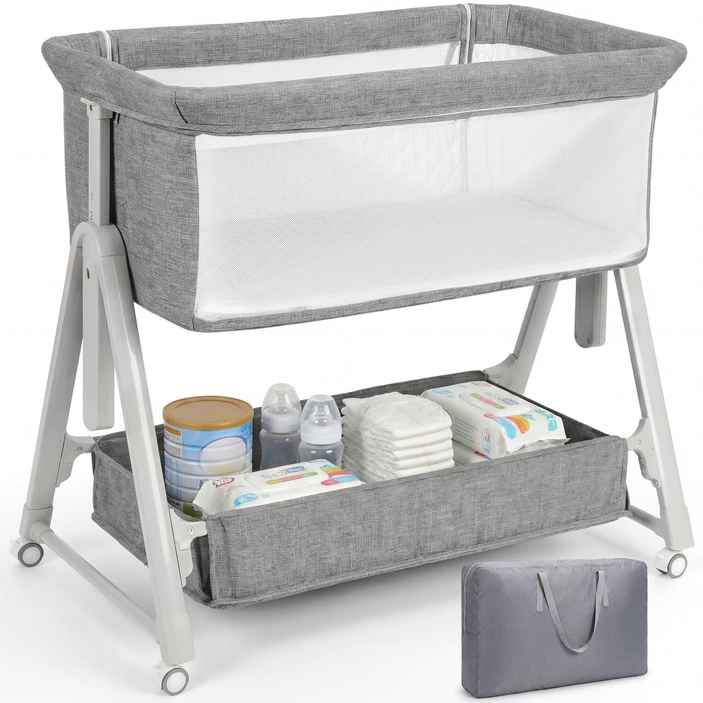 Baby Bassinet Bedside Crib with Mattress Wheel Storage Travel Bag Light Grey W21368