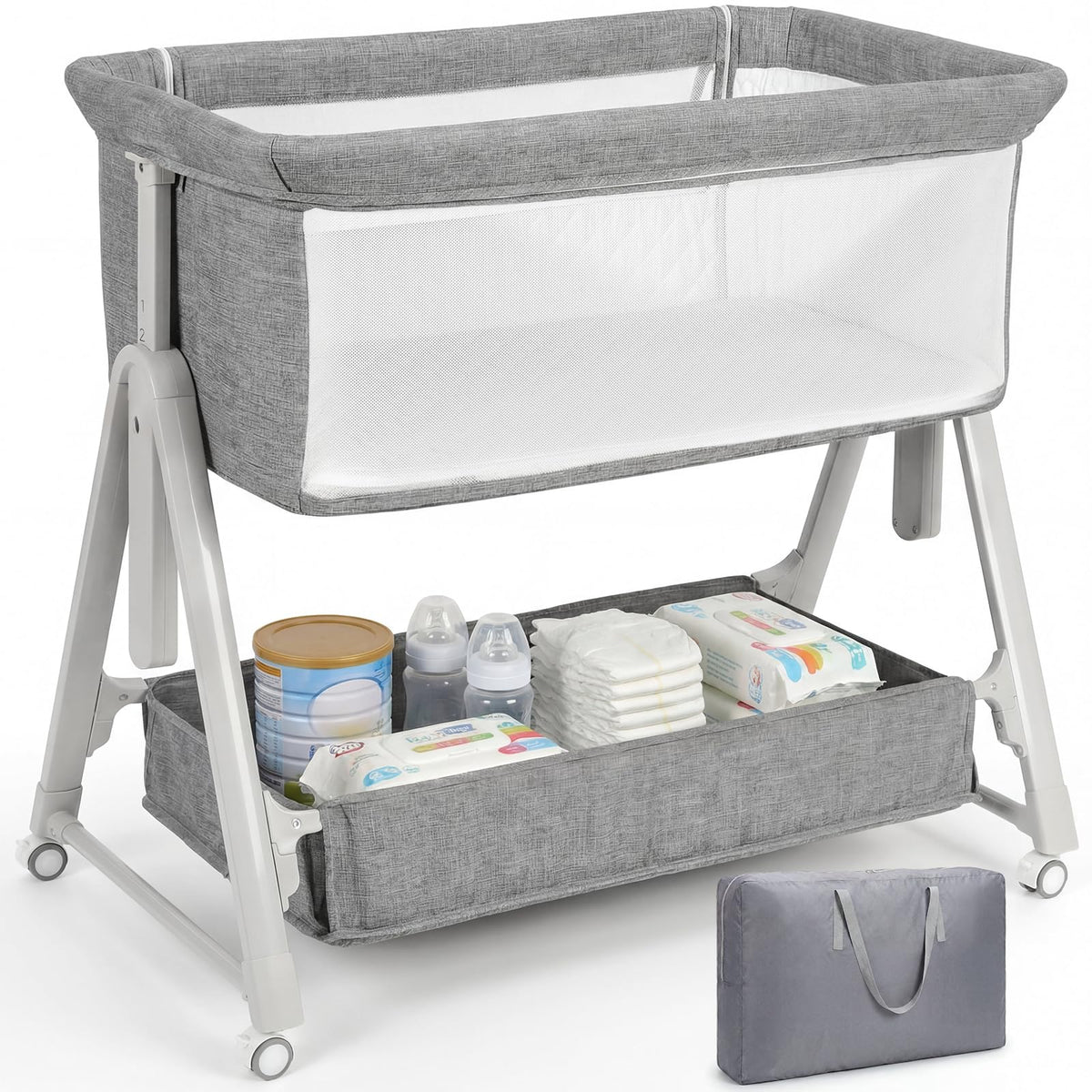 Baby Bassinet Bedside Crib with Mattress Wheel Storage Travel Bag Light Grey W21368