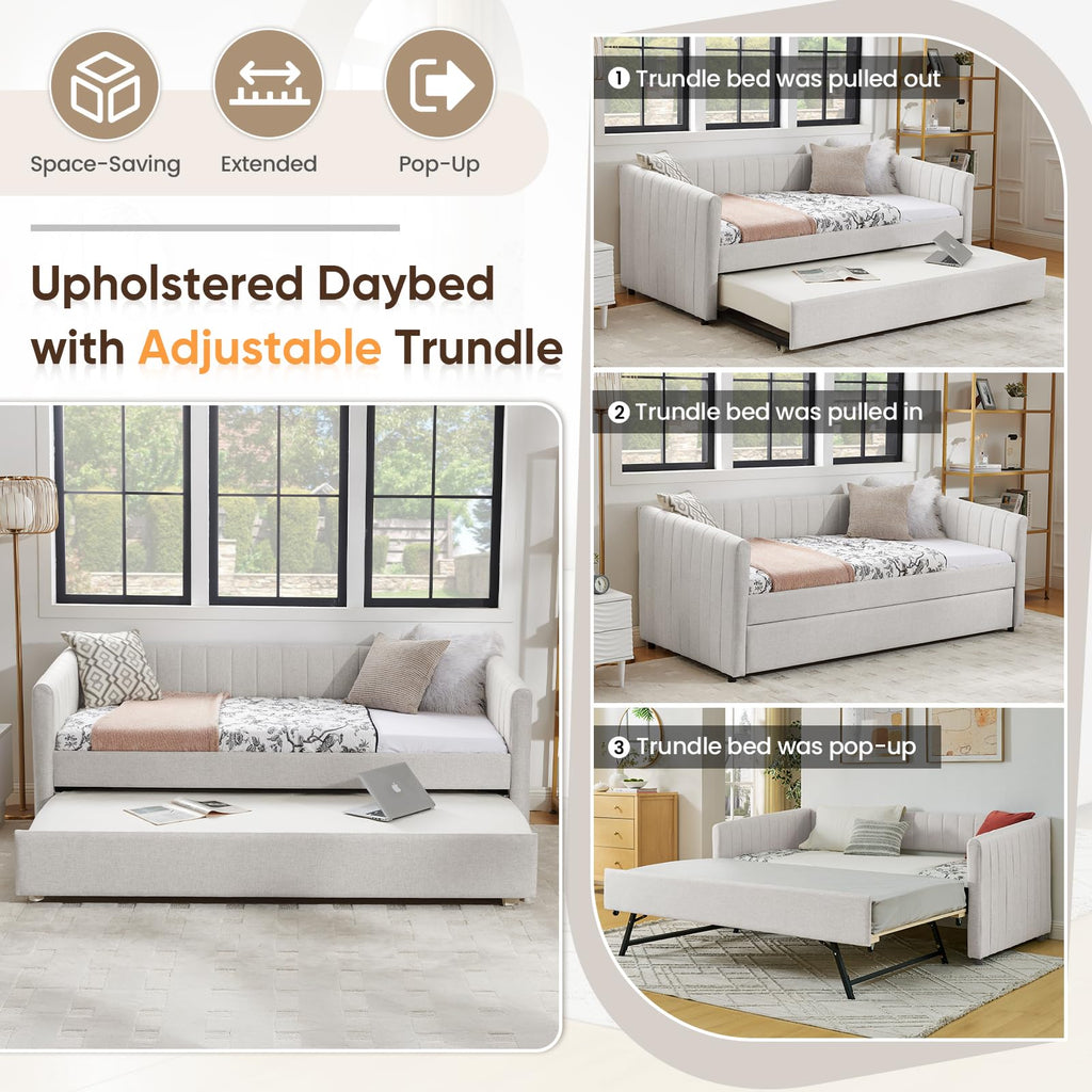 Beige Linen Twin Size Daybed with Pop Up Trundle L129739