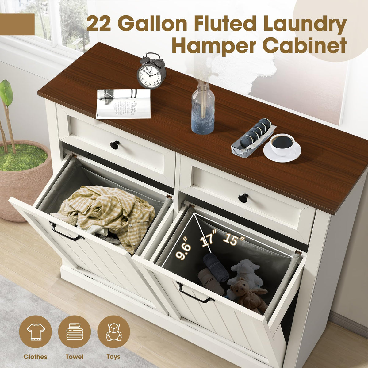 Double Laundry Hamper Cabinet with 2 Drawer A819