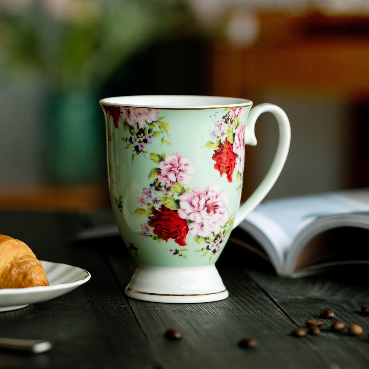 12 oz Set of 6 Floral Porcelain Coffee Mugs L61719