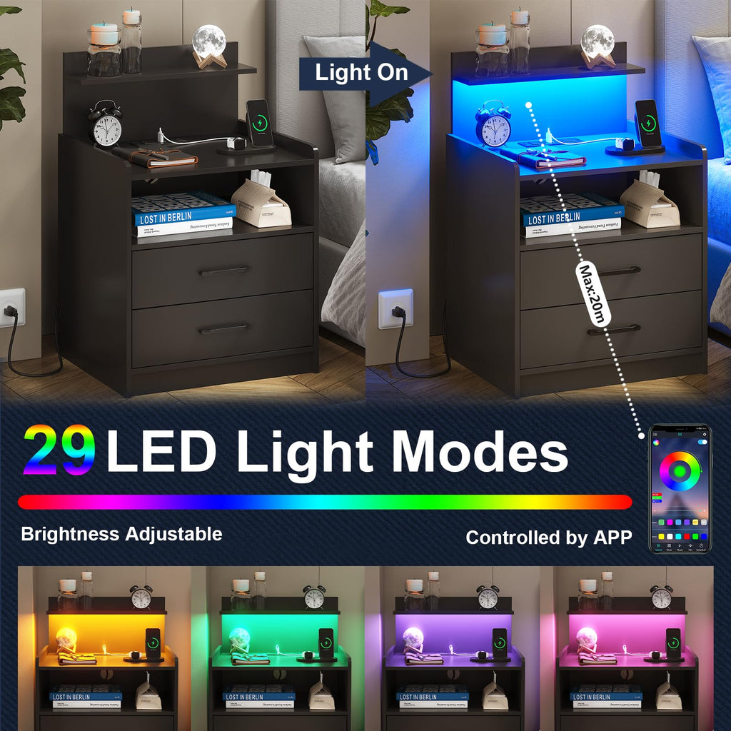 Black LED Nightstand with Charging Station and 2 Drawers N692