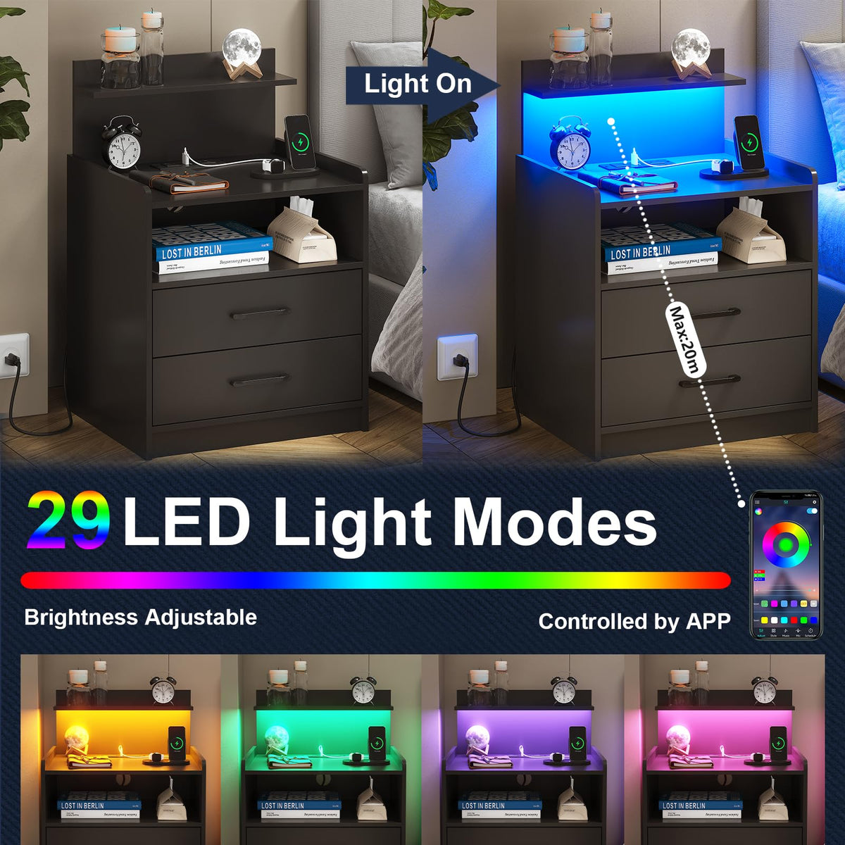 Black LED Nightstand with Charging Station and 2 Drawers N692