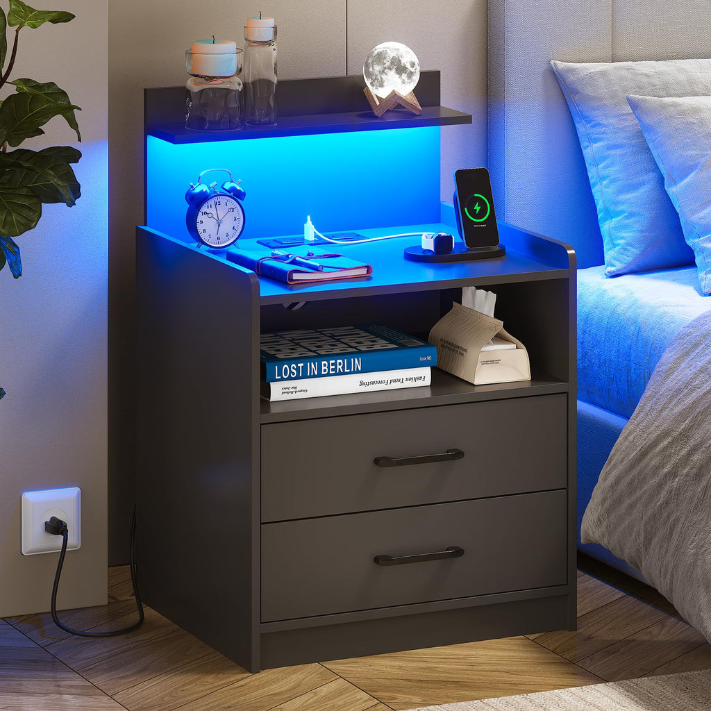 Black LED Nightstand with Charging Station and 2 Drawers N692
