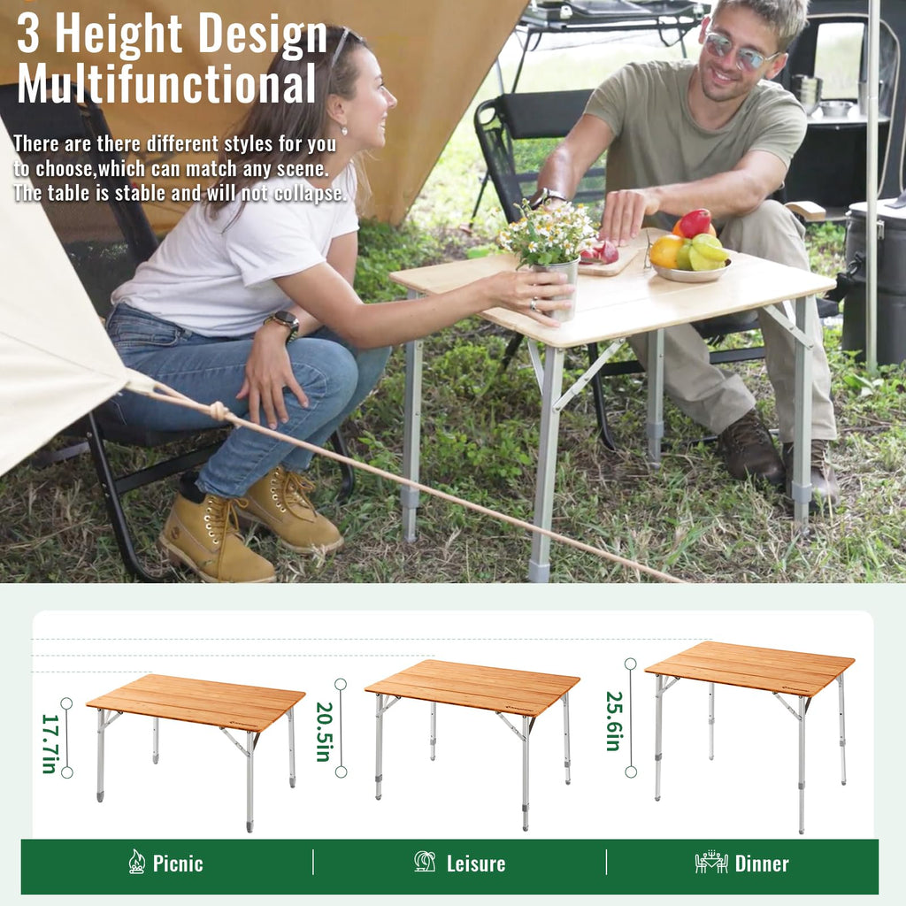 Folding Camping Table Bamboo Adjustable Portable Table X722