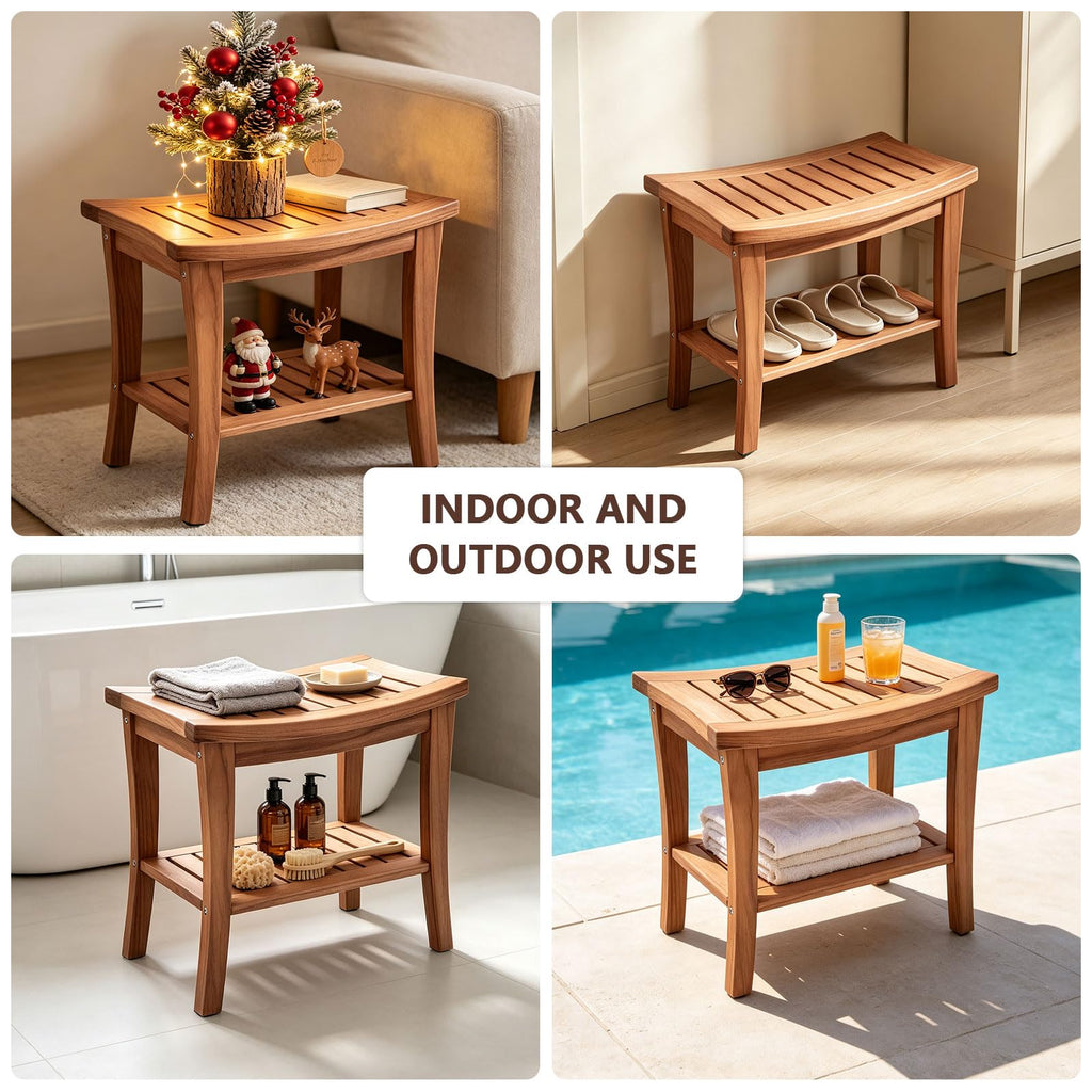 Teak Shower Bench Stool with Shelf P19114