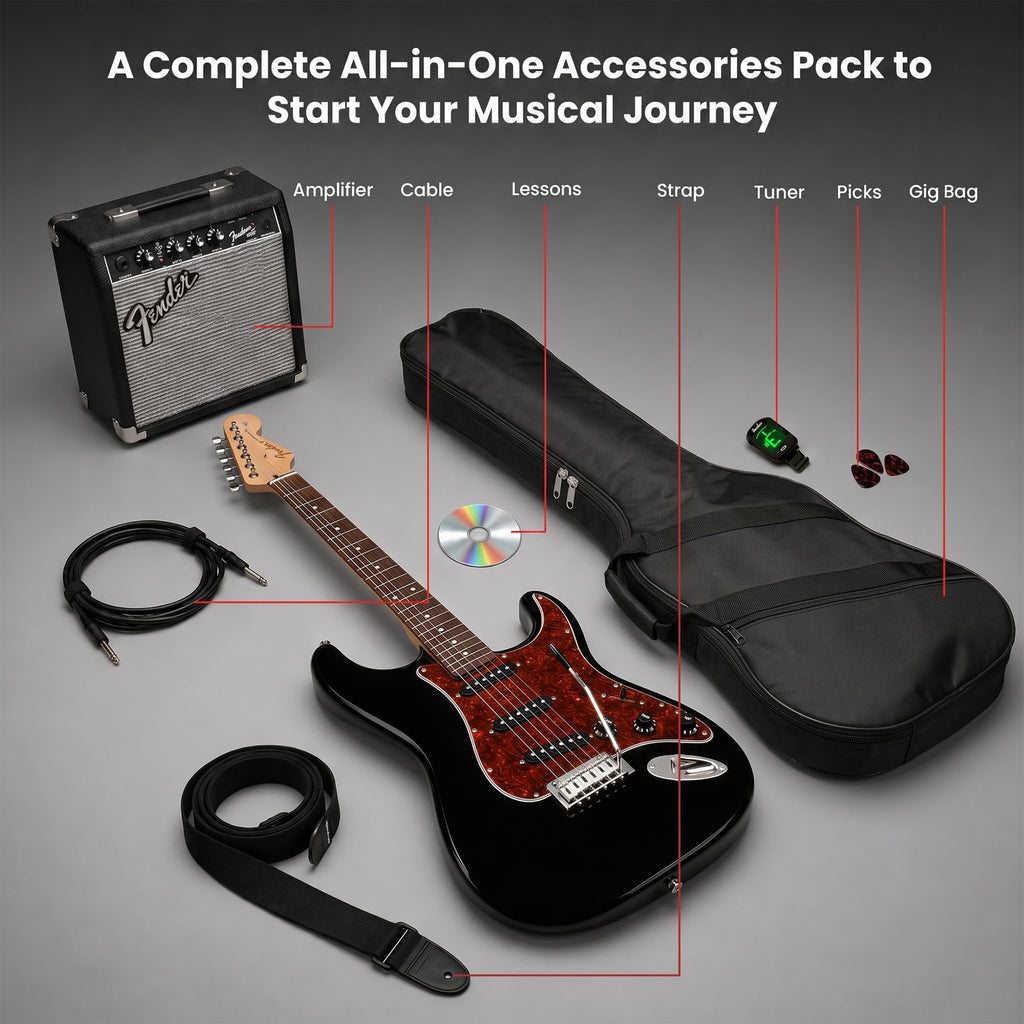 Black Electric Guitar with Amplifier and Gig Bag Z64390