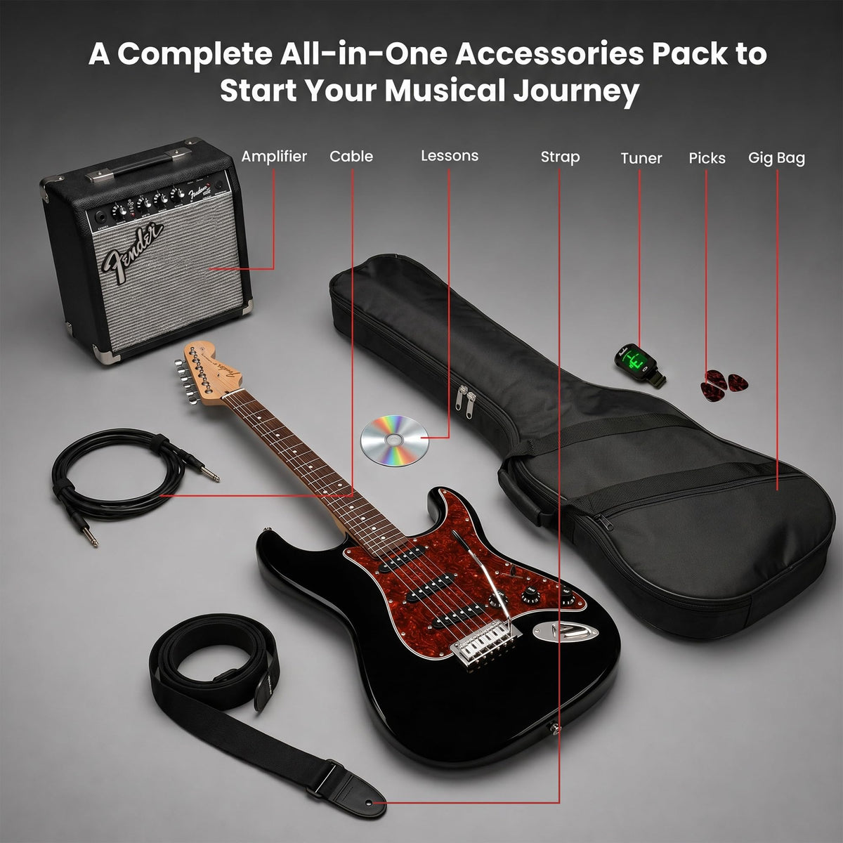 Black Electric Guitar with Amplifier and Gig Bag Z64390