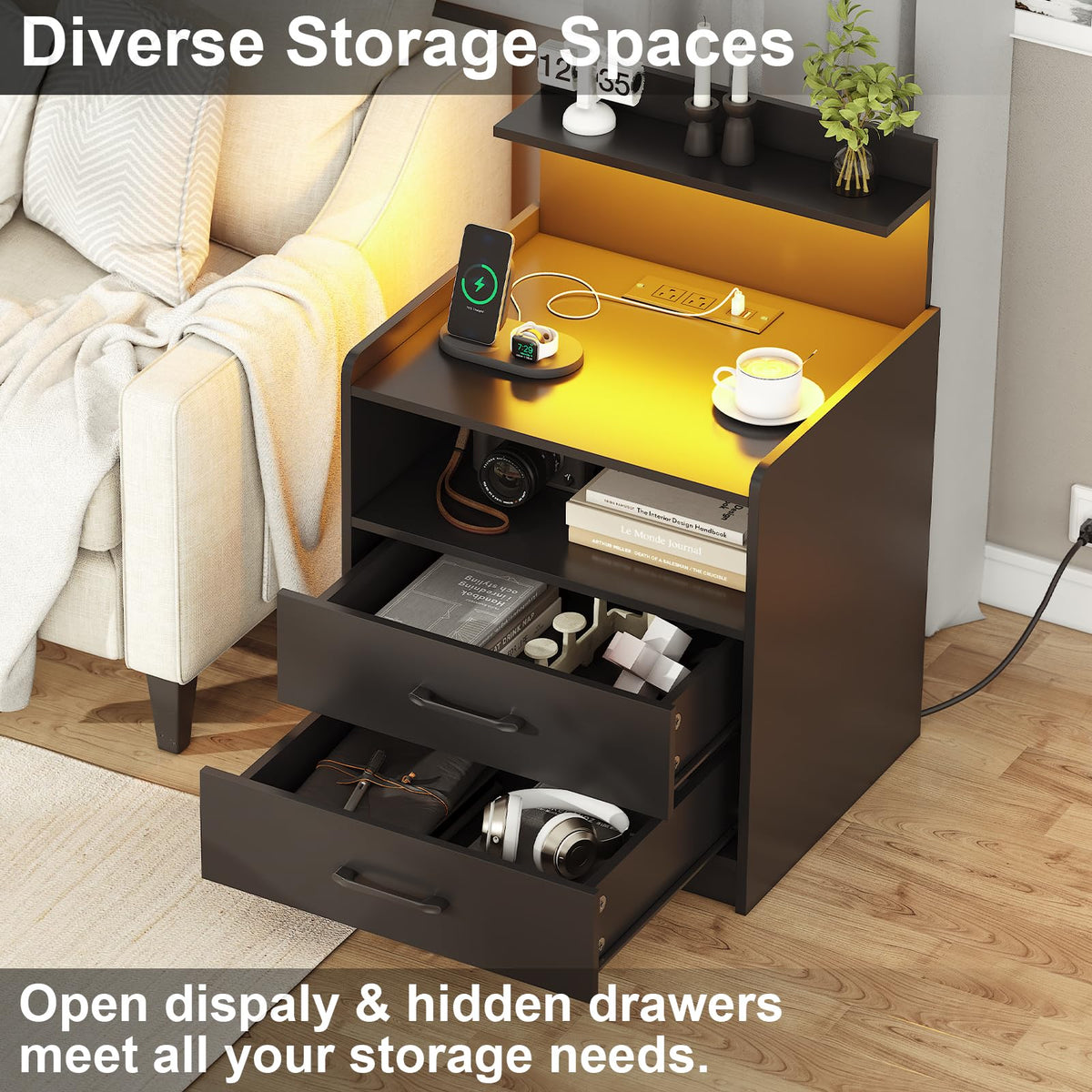 Black LED Nightstand with Charging Station and 2 Drawers N692