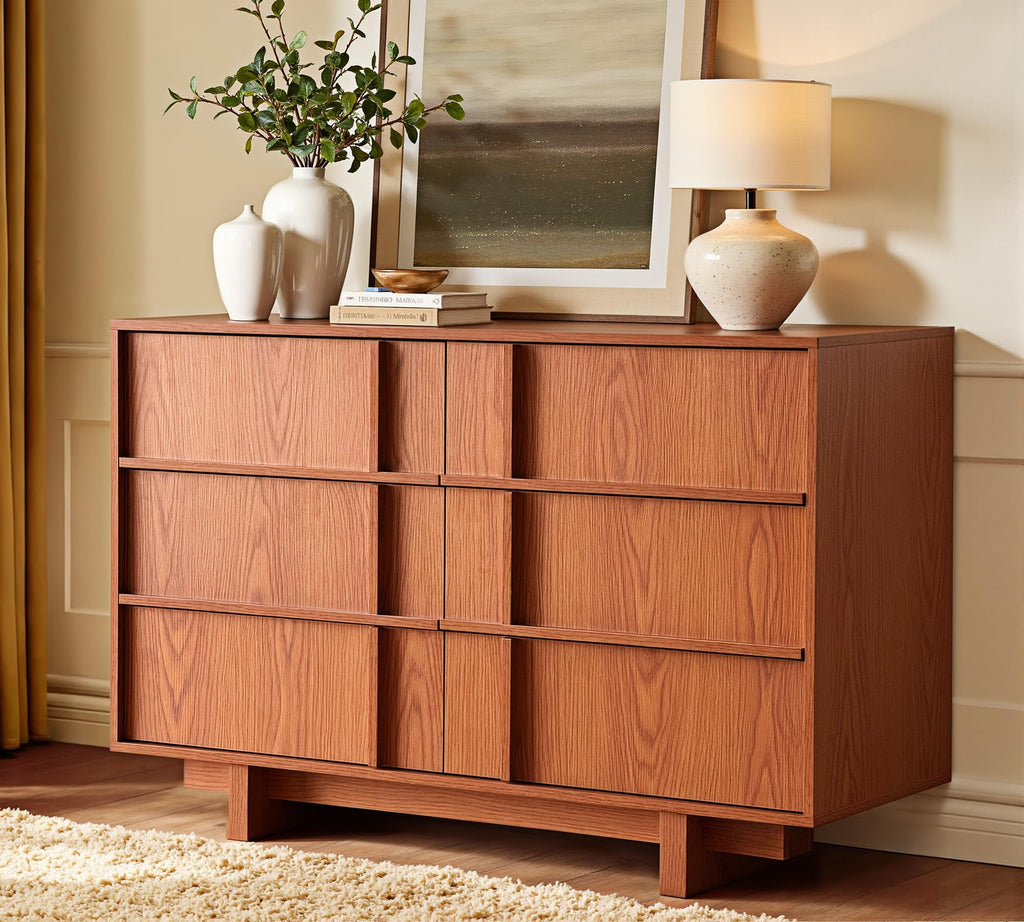 47" Wide 6 Drawer Dresser and Nightstand Set 3 Piece, Cherry S7687