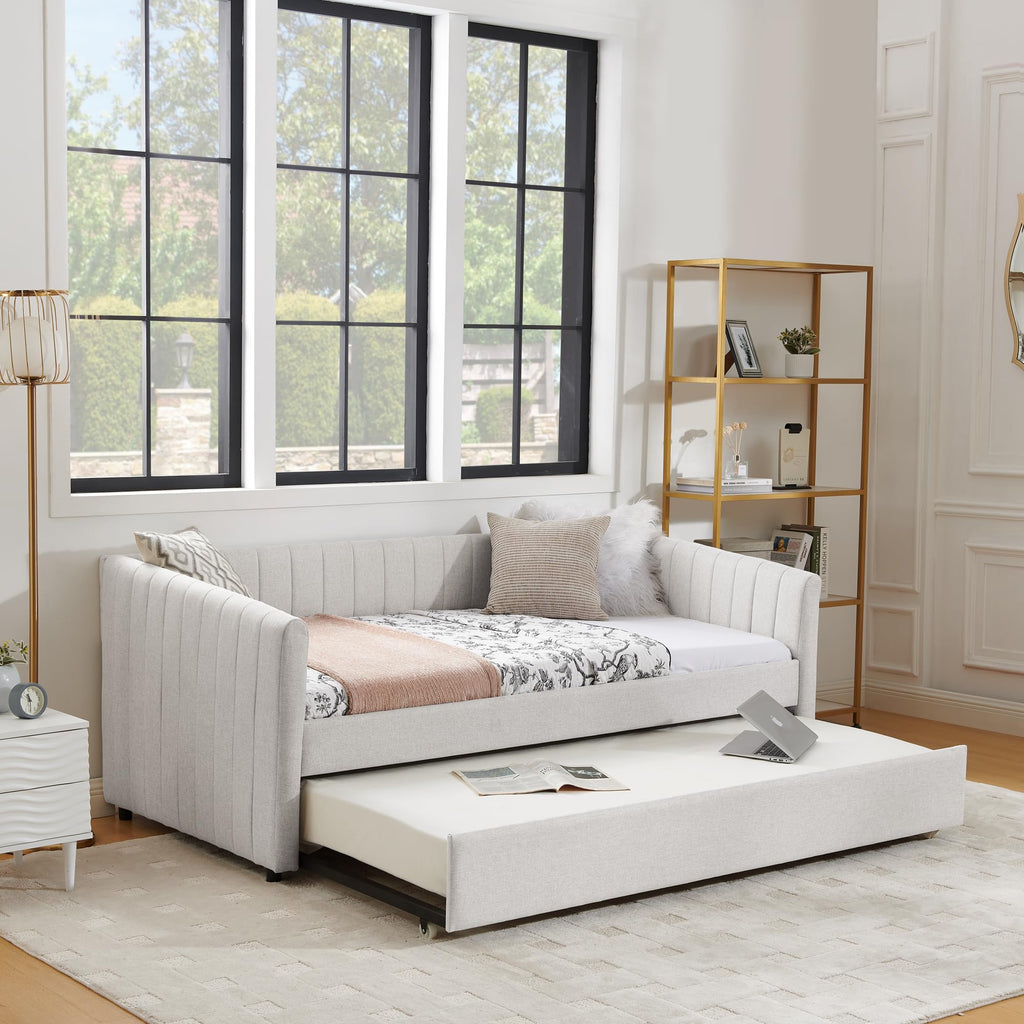 Beige Linen Twin Size Daybed with Pop Up Trundle L129739