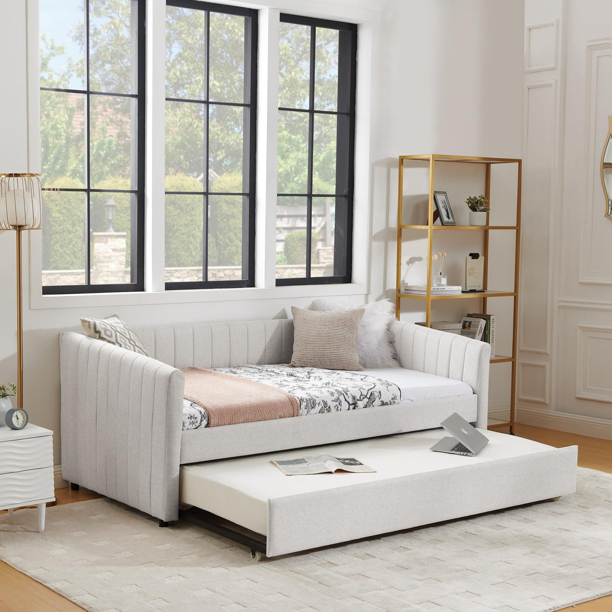 Beige Linen Twin Size Daybed with Pop Up Trundle L129739