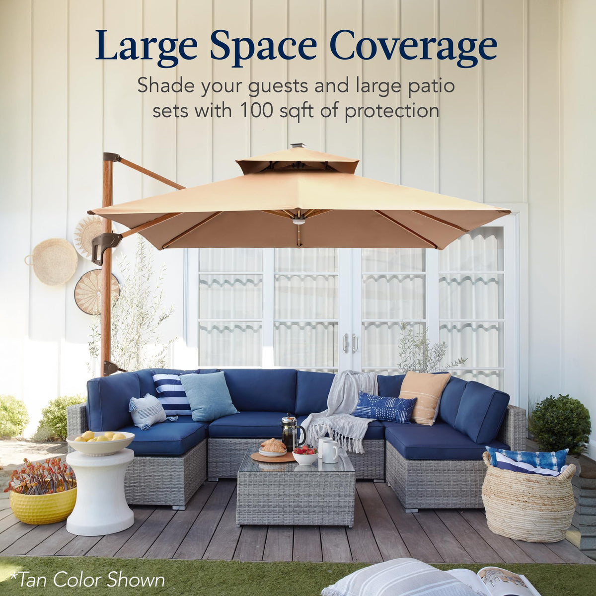 10ft Square Cantilever Patio Umbrella with Base and Solar LED Lights K856309