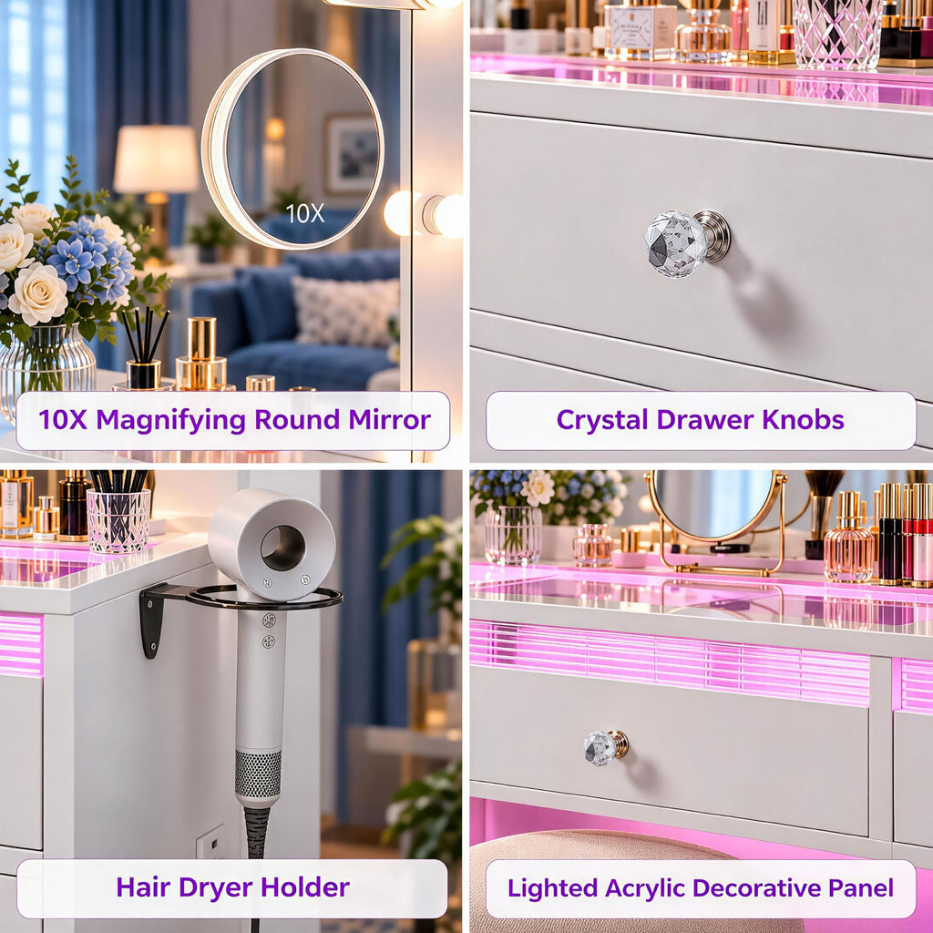 White Vanity with Lighted Mirror and Glass Top H3442