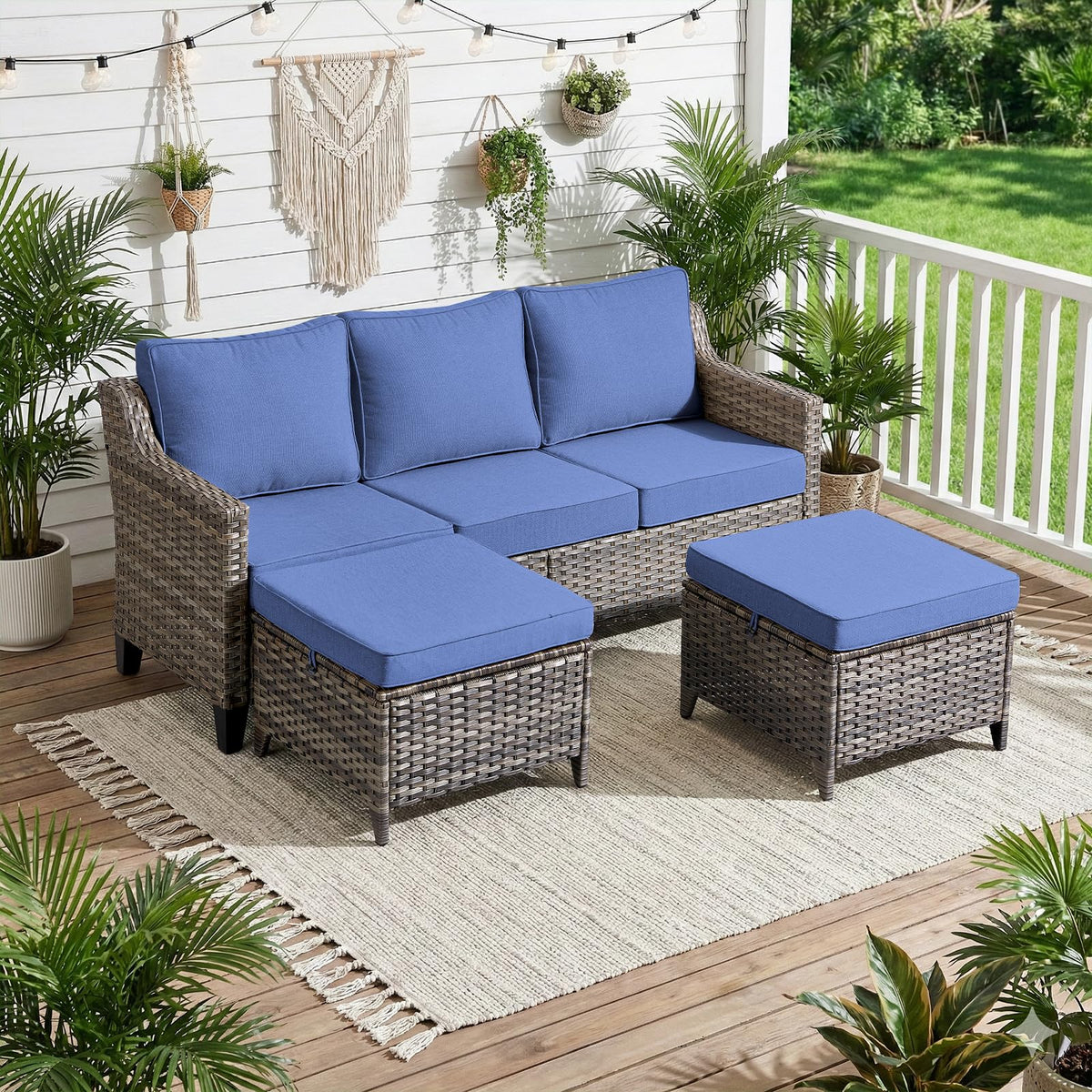 3 Pieces All Weather Wicker Patio Sofa Set with 2 Footstools Q280