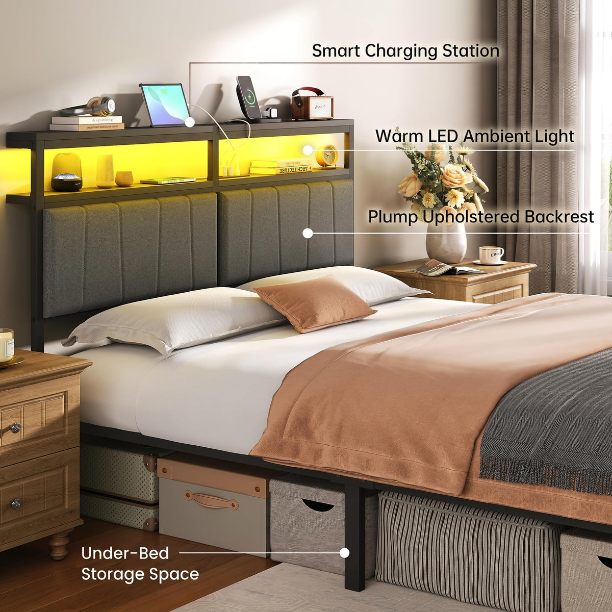 Queen Bed Frame with Storage Drawers and Charging Station B82623