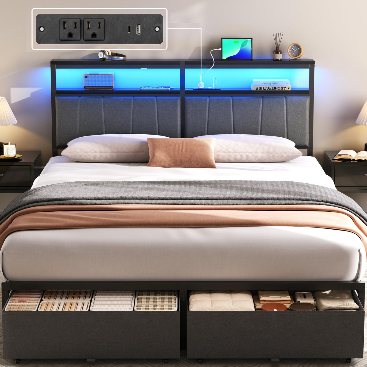 Queen Bed Frame with Storage Drawers and Charging Station B82623