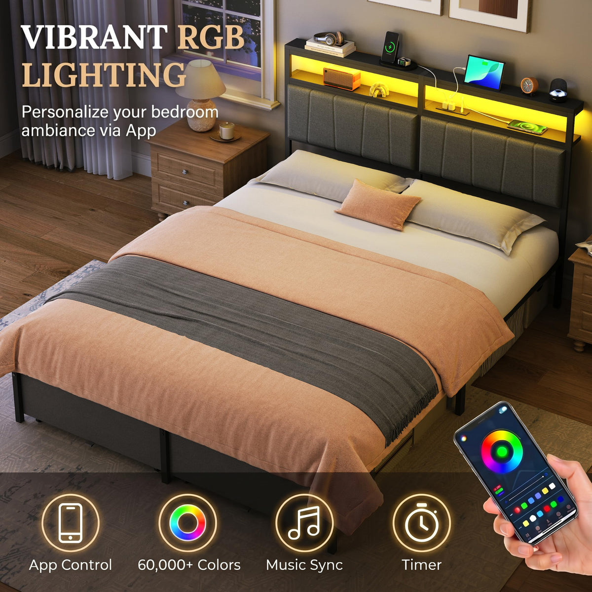 Queen Bed Frame with Storage Drawers and Charging Station B82623