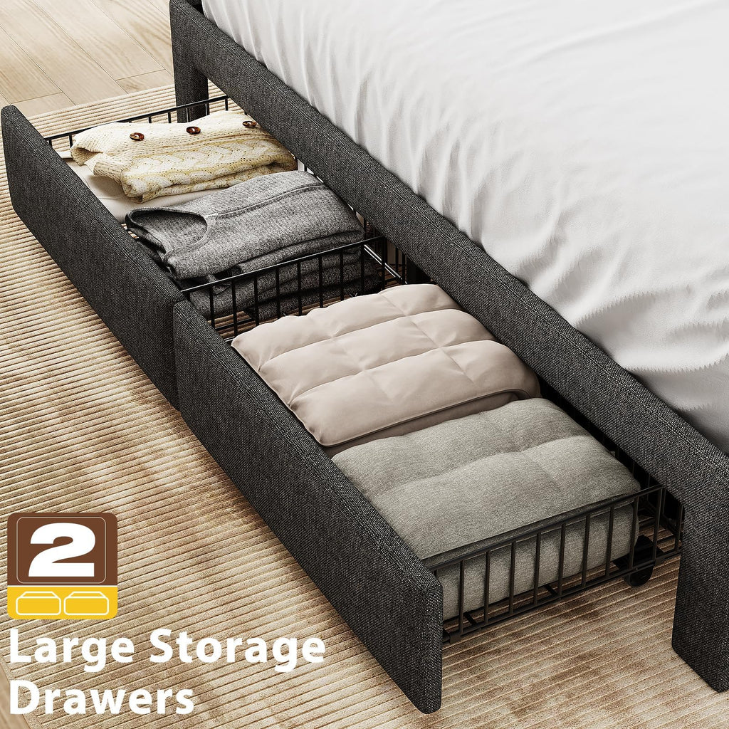 Queen Bed Frame with 2 Storage Drawers and Upholstered Headboard N2095
