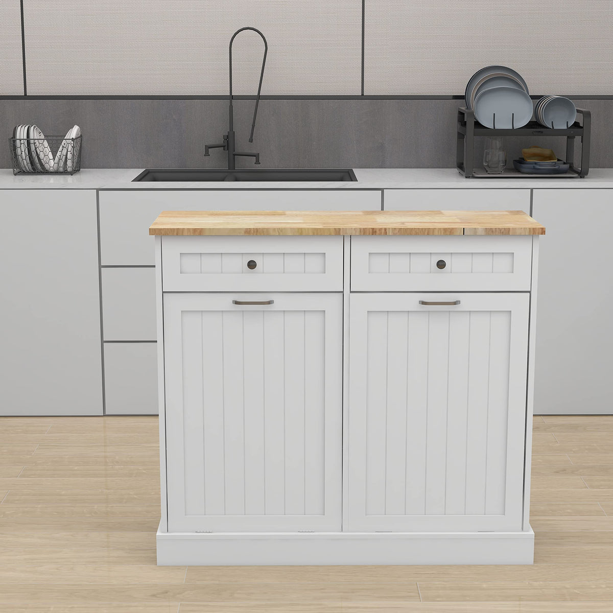 White 2 Drawer Tilt Out Trash Cabinet O489587