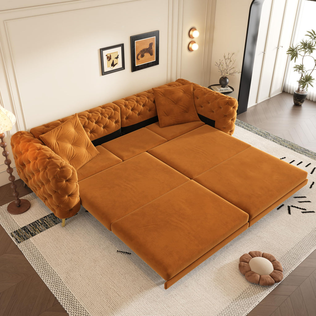 Orange Velvet Convertible Sleeper Sofa with Ottoman Q418