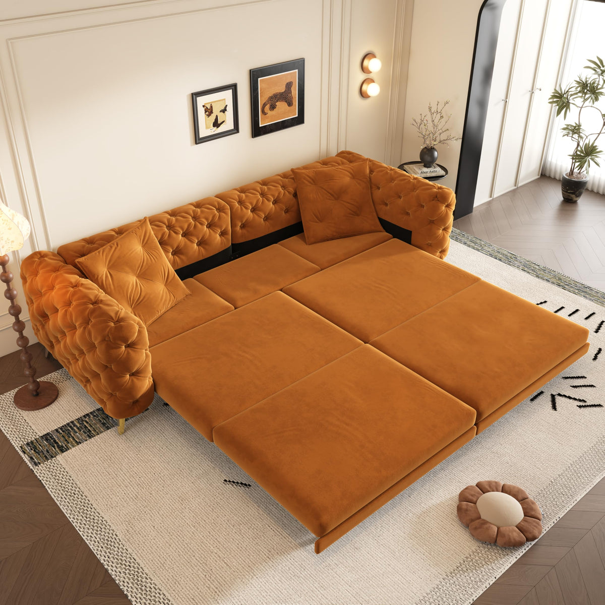 Orange Velvet Convertible Sleeper Sofa with Ottoman Q418
