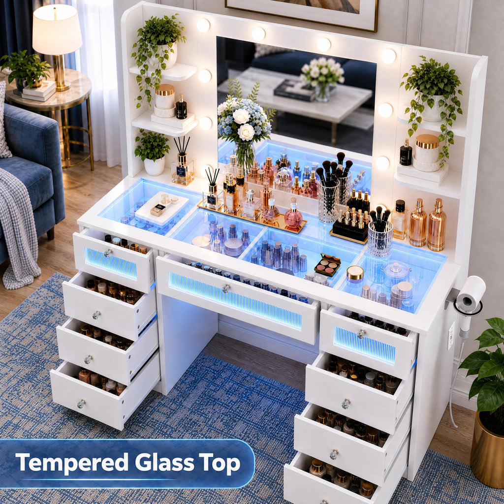 White Vanity with Lighted Mirror and Glass Top H3442