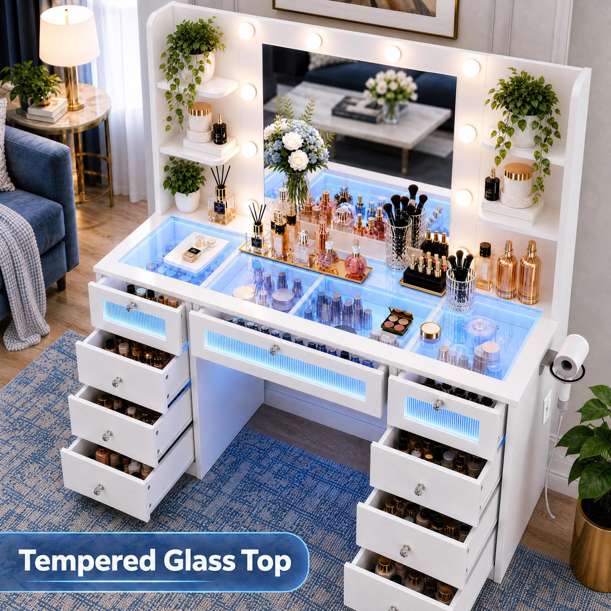 White Vanity with Lighted Mirror and Glass Top H3442