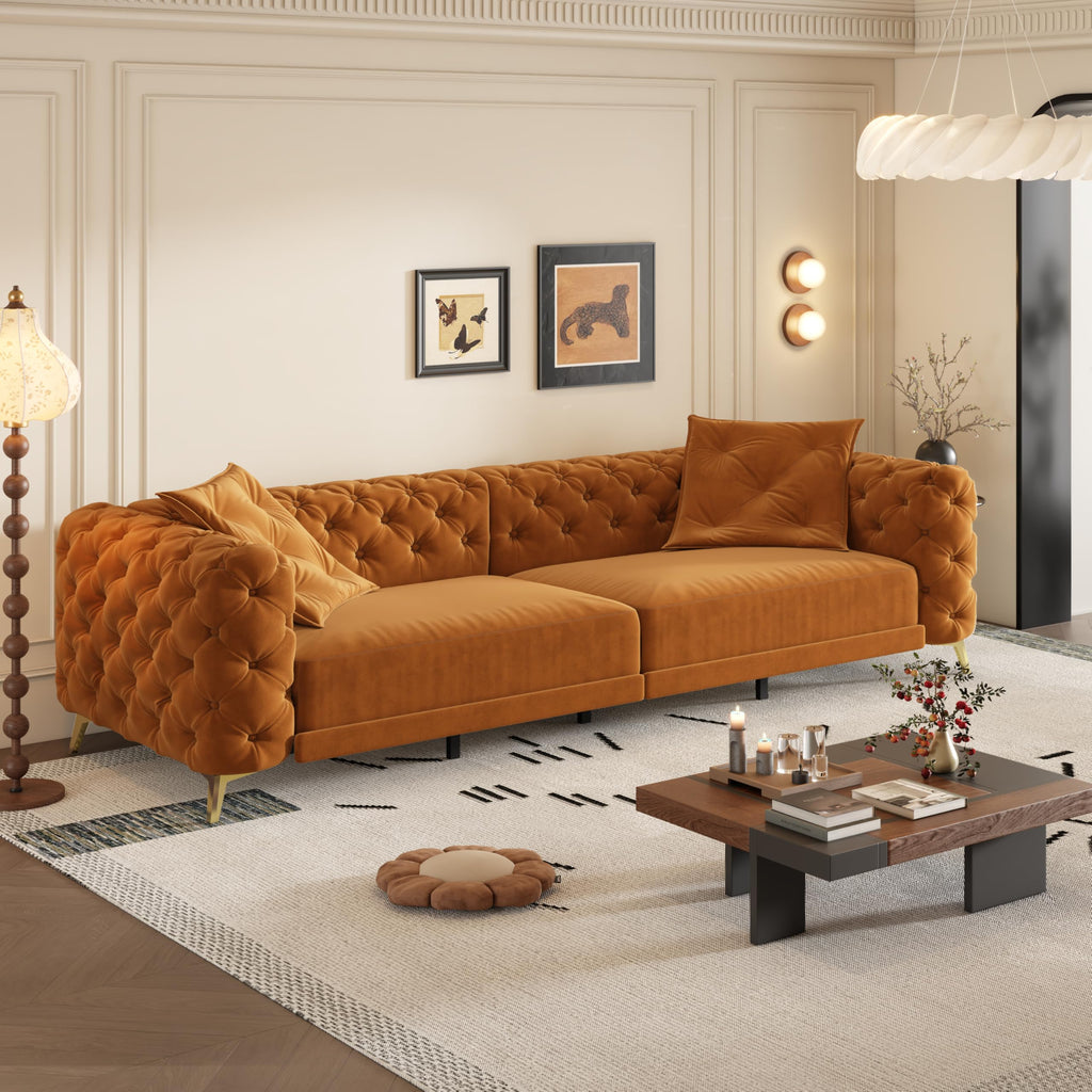 Orange Velvet Convertible Sleeper Sofa with Ottoman Q418