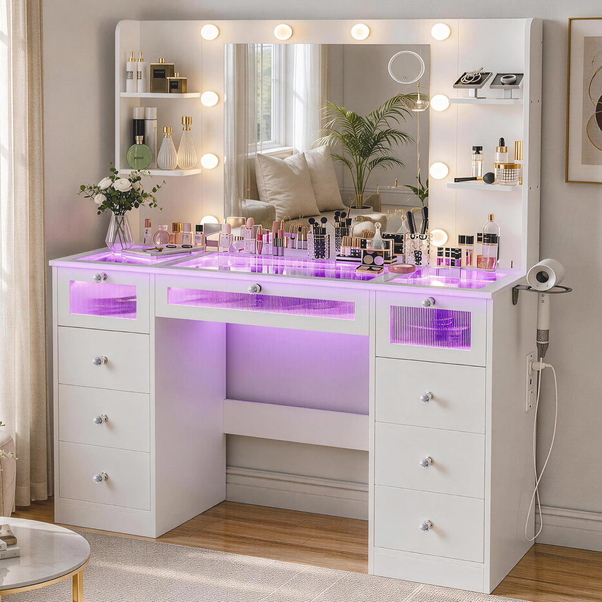 White Vanity with Lighted Mirror and Glass Top H3442