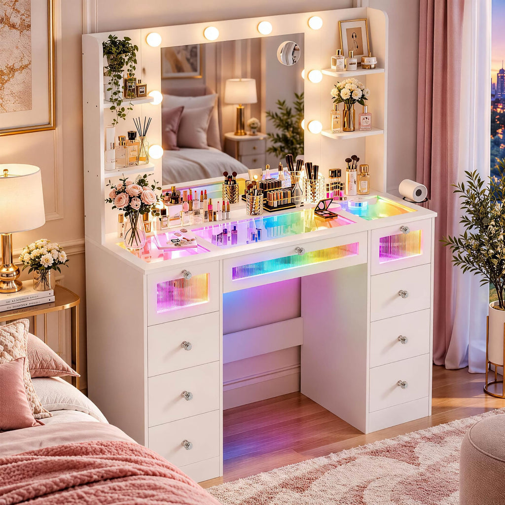 White Vanity with Lighted Mirror and Glass Top H3442