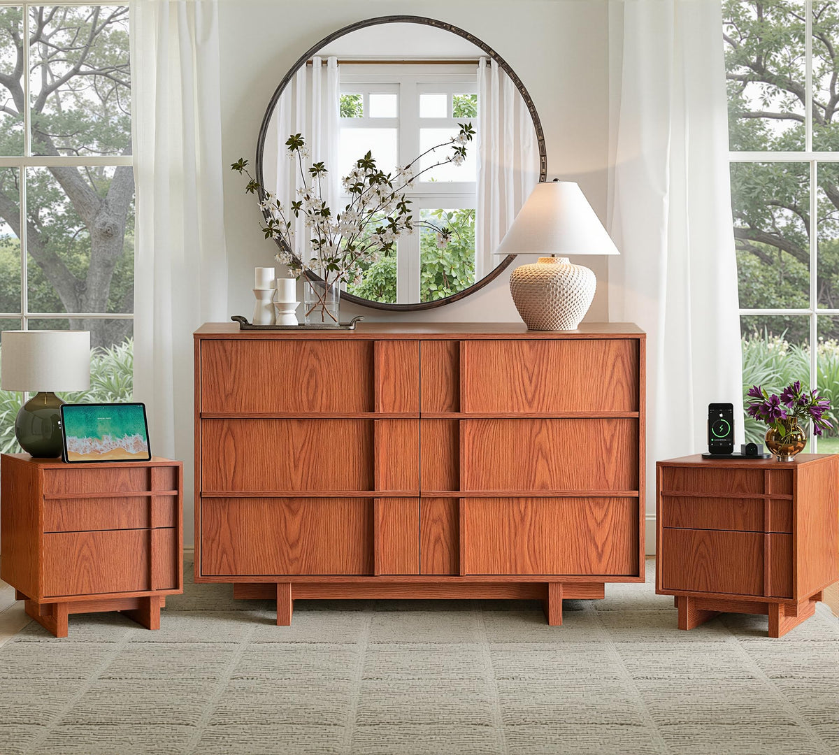 47" Wide 6 Drawer Dresser and Nightstand Set 3 Piece, Cherry S7687
